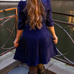 Women's Notch Lapel Blazer Dress Puff Sleeve Side Button Asymmetrical Pleated Hem A Line Work Dress