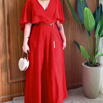 Overlap V-Neck Asymmetrical Ruffles Cape Design Cinched Waist Maxi Dress Elegant Shirred Back Evening Dress without Belt