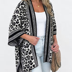 Women's Leopard Print Poncho Cardigan Contrast Striped Trim Open Front Loose Fit Batwing Sleeve Knit Cape Shawl