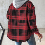 Plaid Print Button Front Pocket Design Drawstring Hoodie Jacket Casual Asymmetrical Hem Thermal Lined Warm Coat