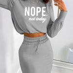 2 Pieces Outfit NOPE. not today Slogan Print Long Sleeve Stretchy Hem Crop Top and High Waist Drawstring Elastic Waist Slit Casual Skirt Set