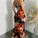 Women's Floral Print Mesh Dress Ruffle Hem High Slit Mermaid Cami Dress Sexy Sleeveless Bodycon Party Dress