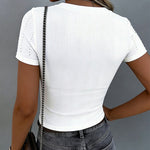 Women's Square Neck Ribbed T-Shirt Rhinestone Short Sleeve Top Slim Fit Knit Tee Basic Tee