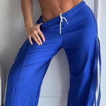 Contrast Side Striped & Zipper Slit Side Drawstring Elastic Waist Trousers Casual Wide Leg Pants