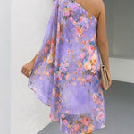 CHICME Women's Floral Print One-Shoulder Chiffon Dress 3D Floral Decor Split Sleeve Loose A-Line Mini Dress