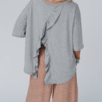 Women's Crewneck Drop Shoulder T-Shirt Back Ruffle Slit Half Sleeve Loose Casual Top