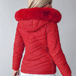 Zipper Pocket Design Shirred Fuzzy Trim Fleece Lined Hooded Puffer Jacket