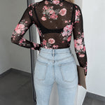 Women's Floral Rhinestone Sheer Mesh Top Long Sleeve Slim Fit Tee with Thumb Holes