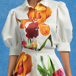 Loose Puff Sleeves Floral Printed Pleated Split-Joint Lapel Blouses&Shirts Tops