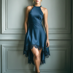 Women's Navy Satin Fabric Halter Dress With Lace Trim & High-Low Hem