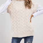 Turtleneck Sleeveless Cable Knitted Tank Tops Casual Loose Solid Sweater