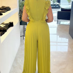 Ruffles Spliced V-Neck Sleeveless Button Front Pleated Overalls Casual Zipper Back Wide Leg Jumpsuit