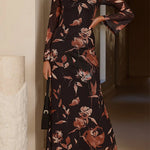 Round Neck Long Sleeves Floral Print Maxi Dress