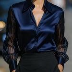 Black Spliced Satin Long-sleeved Loose-fitting Shirt
