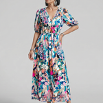 Candlia | Puff Sleeve V Neck Abstract Print Midi Dress