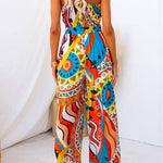 Spaghetti Strap Cut Out Wide Leg Printed Jumpsuit