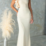 Ruffle Slant Shoulder Cut Out Waist Bodycon Maxi Dress