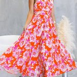 Halter Backless Waisted Floral Print Swing Maxi Dress