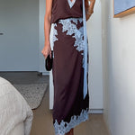 Chic Sleeveless V Neck Lace Trim Satin Top