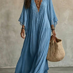 White Lace V-neck Batwing Sleeve Chiffon Maxi Dress