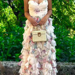 Strapless Floral Print Ruffle Layered Maxi Dress