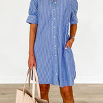Button Down Short Sleeves Striped Shirt Dress