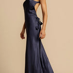 One Shoulder Backless Satin Maxi Party Dress