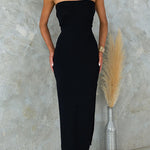 Strapless Tube Slit Ribbed Knit Midi Dress