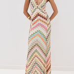 V Neck Open Back Colorful Print Maxi Dress