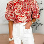 Mockneck Puff Sleeves Printed Pullover Top