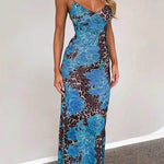 Margovil V Neck Color Block Leopard Print Maxi Cami Dress