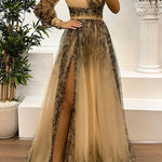 Margovil One Shoulder Long Sleeve Printed Mesh High Slit Maxi Dress