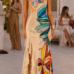 One Shoulder Floral Print Ruffle Hem Slit Maxi Dress