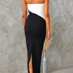 Strapless Tube Back Slit Color Block Bodycon Midi Dress