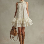 Vacation Retro Beige Lace Sleeveless Ruffled Mini Dress