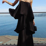 Margovil Spaghetti Strap Ruffle Layered Satin Maxi Dress