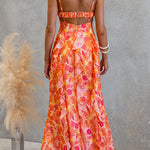 Backless Cut Out Floral Print Ruffle Slit Maxi Cami Dress