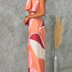 Strapless Ruffle Crop Top Drawstring Waist Wide Leg Pants Printed Set