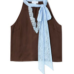 Sleeveless V Neck Lace Trim Satin Scarf Top