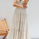 Margovil V Neck Ruffle Trim Tiered Sleeveless Linen Maxi Dress