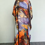 Batwing Sleeves Loose Gauze Printed Split-Joint V-Neck Maxi Dresses