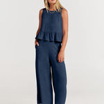 Nadorine 2 Piece Outfits Sleeveless Ruffle Tank Crop Top and Wide Leg Pants Lounge Set with Pockets