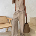 Solid Color Two-piece Slim Fit Sleeveless Vest Casual Wide Leg Pants Set