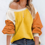 Nadorine Colorblock Bishop Sleeve Sweatshirt Plush Stitching Jumper Crop Top