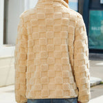Long-sleeved Zippered Cardigan Loose Solid Color Checkered Plush Jacket