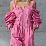 Stylish And Modern Long-sleeved Strappy Tapered Legs Pink Denim Jumpsuit