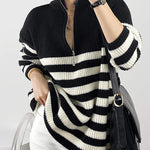 Mock Neck Zip-Up Striped Pullover Sweater