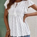 Nadorine Eyelet Tie-Neck Flutter-Sleeve Top Solid Color Casual Blouse for Women Casual Work Office Loose Fit 2026 | Under $40