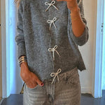 Paris Mornings Knit Front Bow Design Long Sleeve Relaxed Cardigan