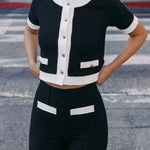 Fashionable Contrast Color Knitted Short-sleeved Button-down Top